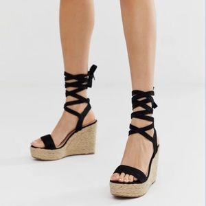 Black ankle tie espadrille wedges